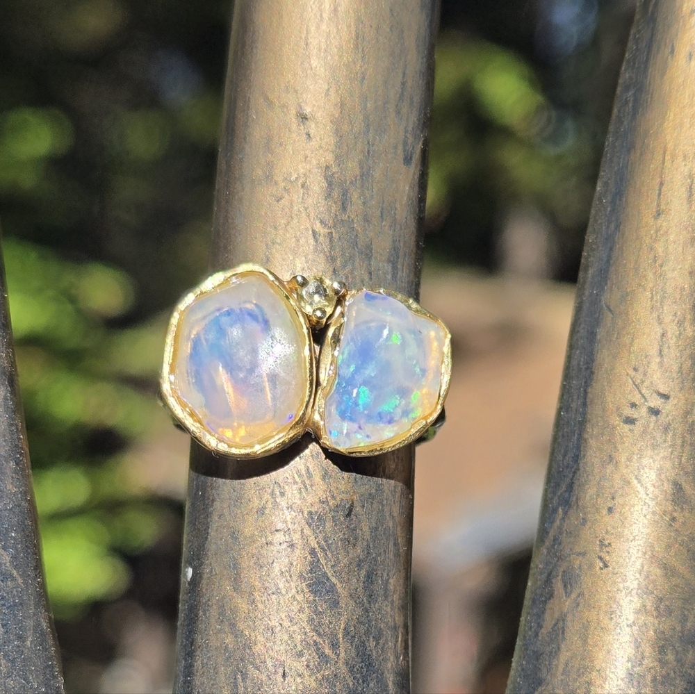 Opal Dual 6k Each Natural Gemstone Sterling Rhodium & Gold Ring Sz6.75 - Picture 5 of 10